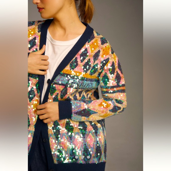 Anthropologie NWT Maeve Patterned Sequin Cardigan size M. - Picture 4 of 10